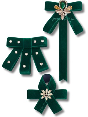 Pegu 3 Lü Zümrüt Yeşil Kadife Broş Set Kristal Taş,papyon Kravat Yakalık Yaka Iğnesi Kadın Broş