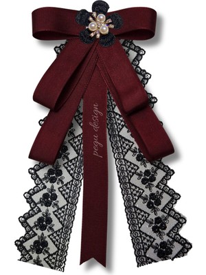 Pegu Bordo Kurdele Dantel Güpürlü Incili Çiçekli Yaka Broş,papyon,kravat ..