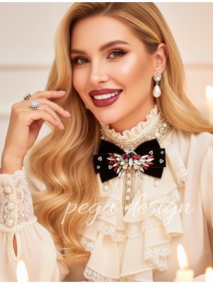 Pegu Siyah Kadife , Yanlar Inci Sallantılı Kristal Taşlı ,kadın Papyon,broş,yeniyıl Kutlama,kravat