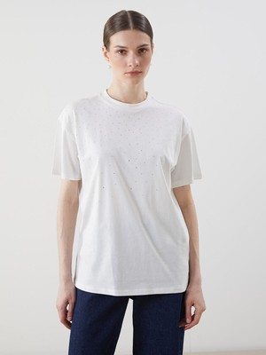 Lc Waikiki Yeni Sezon Bisiklet Yaka Taşlı Kadın Tişört