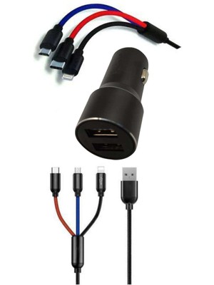 Noip Çoklu Hızlı Şarj Kablosu ve Seyahat Araç Şarj Soketi Typec Mikro Iphone Uyumlu 1.2 Metre 3A (953)