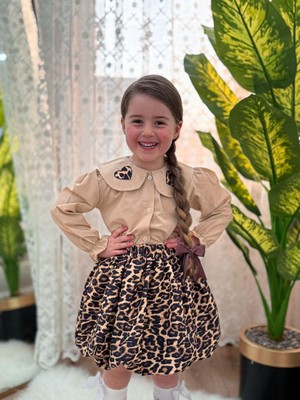 Yiğit Butik Leopar Etekli Kalp Desen Gömlekli Kız Çocuk Takım