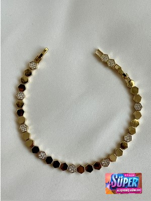 Normadia Şık 14K Altın Renkli Petek Tasarımlı Zirkon Taşlı Kadın Bileklik