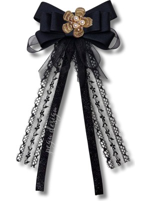 Pegu Luxury Siyah Dantelli Kurdele Incili Çiçekli Yaka Broş,papyon,kravat ..