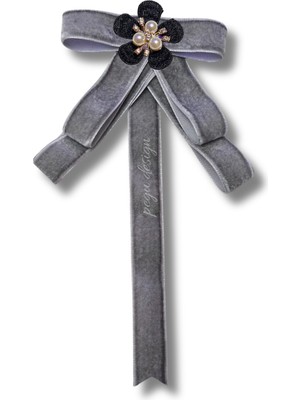 Pegu Gri Kadife Kurdele Incili Çiçekli Yaka Broş,papyon,kravat ..