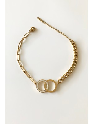 Normadia Zirkon Taşlı Çift Halkalı Zincirli Çelik Bileklik, Şık ve Modern Tasarım