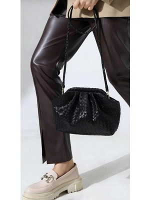 Themoiss The Moiss Glow Süet Orta Boy Siyah Renk Örgü Detaylı El, Omuz ve Çapraz Çanta, 19*24