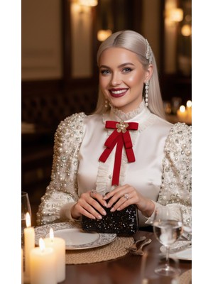 Pegu Kırmızı Saten Kurdele Incili Çiçekli Yaka Broş,papyon,kravat ..