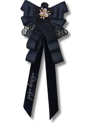 Pegu Luxury Siyah Dantelli Kurdele Incili Çiçekli Yaka Broş,papyon,kravat ..