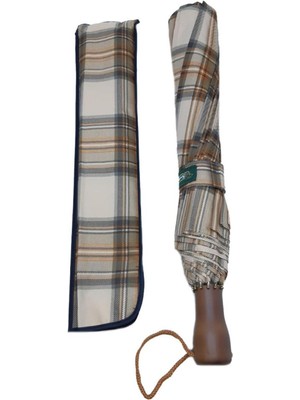 PremiumPort Şemsiye Otomatik Açılır 10 Telli Kapalı Boyut 40 cm 95 cm Vizon Ekose