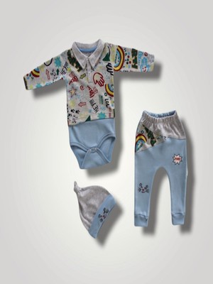 Lokiboo 6-9 12-18 18-24 Ay Power Kedi Nakışlı Uzun Kollu Zıbınlı Şapkalı  3lü Kız Erkek Bebek Takımı