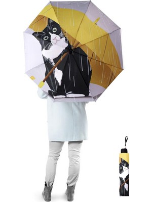 PremiumPort Şemsiye, Sarı Kedi ve Yarasa Tasarımı, 8 Telli, Rüzgar Dayanıklı, Manuel
