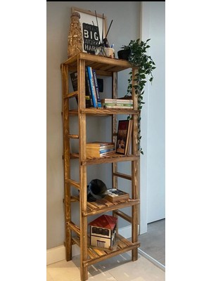 Iskandinav Kitaplık Ahşap 5 Raflı Dekoratif Kitaplık  Ahşap Kahverengi Ahşap Klasik