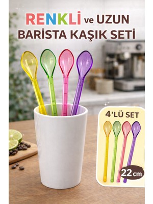 Open Home Concept 4'lü Renkli Uzun Barista Kaşığı | Akrilik Karıştırma Kaşığı | Tüm Bardaklara Uyumlu