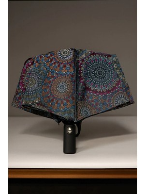PremiumPort Otomatik Fiber Tel Kılıflı Mandala Şal ve Etnik Desenli Kaliteli Şemsiye
