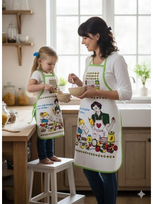 Coton Delux Anne Kız Kombin Mutfak Önlüğü Seti – Temalı Yazılı Desen – Bordo Biyeli Anne & Çocuk Önlük Takımı