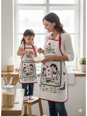 Coton Delux Anne Kız Kombin Mutfak Önlüğü Seti – Temalı Yazılı Desen – Bordo Biyeli Anne & Çocuk Önlük Takımı