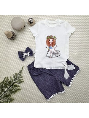 Lokiboo 1-2-3 Yaş Bisikletli Kız Baskılı Bandanalı Kot Desenli Şort Kısa Kollu Tişört 3lü Kız Bebek Takımı