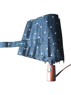 PremiumPort Şemsiye Kadın Otomatik Ahşap Sap 10 Telli Bej Puantiye Tasarım