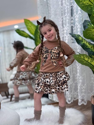 Yiğit Butik Leopar Etekli Fiyonk Desenli Kız Çocuk Takım