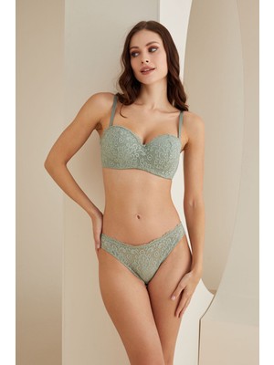 NBB Dantelli Mint Yesil Sütyen Külot Takımı | Balenli Desteksiz Straplez Görünümlü Iç Giyim Seti