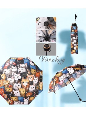 PremiumPort Renkli Kedi Desenli 8 Telli Manuel Rüzgara Dayanıklı Şemsiye