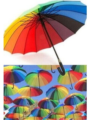 PremiumPort Renkli Gökkuşağı Şemsiye, 16 Telli, Şık ve Dayanıklı Tasarım