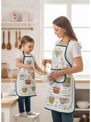 Coton Delux Anne Kız Kombin Mutfak Önlüğü Seti – Temalı Yazılı Desen – Bordo Biyeli Anne & Çocuk Önlük Takımı