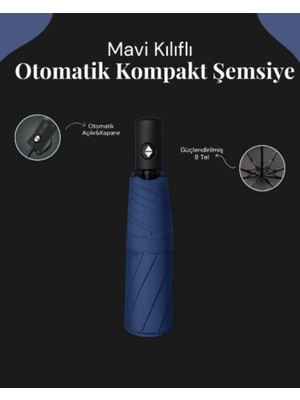 PremiumPort Şık Mavi Renkli Kompakt Otomatik Şemsiye, Su Geçirmez ve Pratik Kullanım