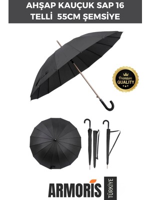 PremiumPort Otomatik Mekanizma Ahşap Telli Rüzgar Koruyucu Şemsiye 55CM