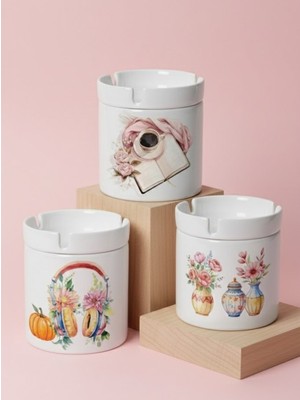 Sartre Art Kitap & Kahve Nostaljisi 3'lü Kapaklı Küllük Seti – Kulaklık Buketi & Çiçek Desenli