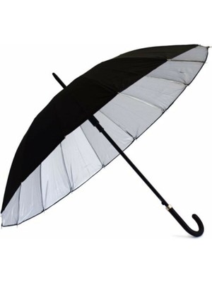 PremiumPort Şemsiye Erkek Kadın Büyük 16 Telli Siyah Gümüş Detaylı Kullanışlı