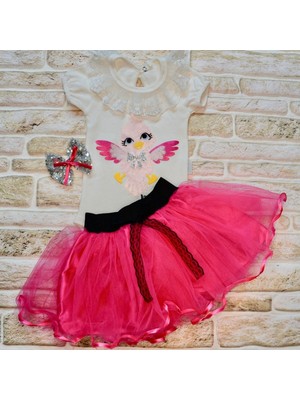 Lokiboo 9-12-18 Ay Toka Hediyeli Kuş Desenli Tişört Tütü Etek 2li Kız Bebek Takımı