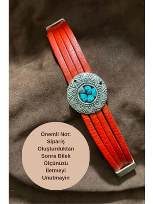Turuncu Hakiki Deri Otantik Bileklik - Mandala Motifli Turkuaz Taşlı El Işçiliği Unisex Aksesuar