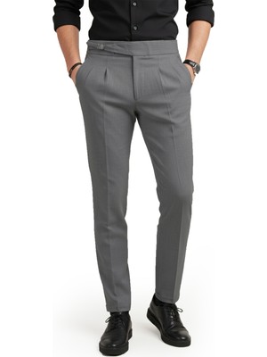 Deepsea Erkek Antrasit Likralı Italyan Kesim Pileli Kemer Tokalı Şık Kumaş Pantolon 2601020