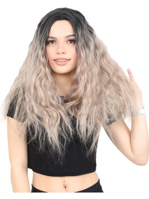 Pazarcan Kabarık Dalgalı Uzun Fiber Sentetik Peruk / Siyah / Küllü Bebek Sarı Ombreli