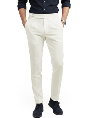 Deepsea Erkek Beyaz Likralı Italyan Kesim Pileli Kemer Tokalı Şık Kumaş Pantolon 2601020