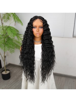 Pazarcan Ekstra Uzun Yoğun Afro Dalga Siyah Fiber Sentetik Geniş T Tül Peruk