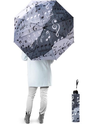 PremiumPort Müzik Notaları Desenli Yarasa Model 8 Telli Rüzgar Dayanıklı Şemsiye