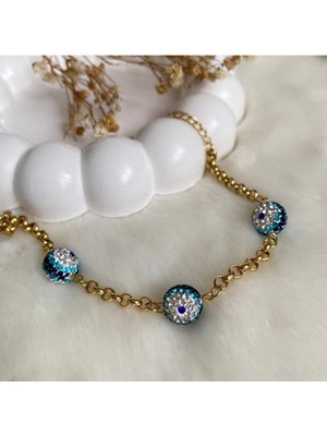 Normadia Nazar Boncuklu Üç Top 14 Ayar Gold Bileklik Şık ve Zarif Takı