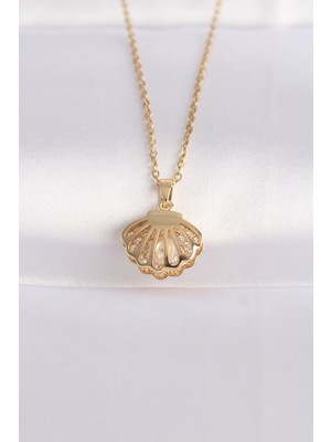 Esranın Dünyası 316L Çelik Zincir Altın Renk Zirkon Taşlı Inci Detay Istiridye Kolye RSRBJ34-ESRDNS