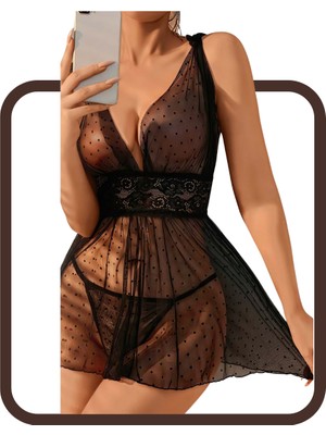 Zarvia Siyah Tül Dekolteli Transparan Askılı Seksi Tanga Gecelik Takım