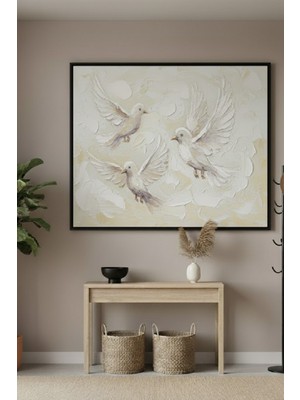 Safir Design Lüks Beyaz ve Krem Güvercin Figürlü Duvar Sanatı | Modern Çerçeveli Tablo