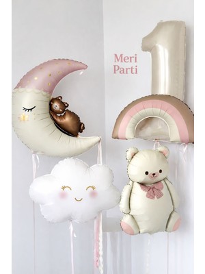 Meri Parti Pastel Ayıcık & Ay Bulut Folyo Balon Seti Yaş Seçenekli Doğum Günü Konsepti