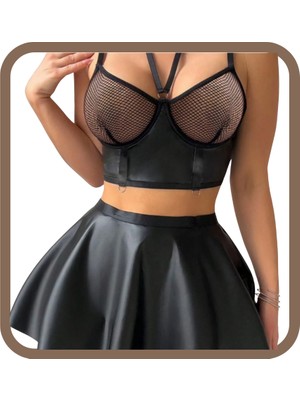 Zarvia Jartiyerli Etekli Göğsü Fileli Deri Fantezi Takımı Siyah