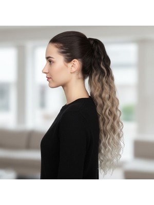 Pazarcan Lastik Tokalı At Kuyruğu Kabarık Afro Dalgalı / Kahverengi / Kumral Ombre Beyaz Platin Röfle