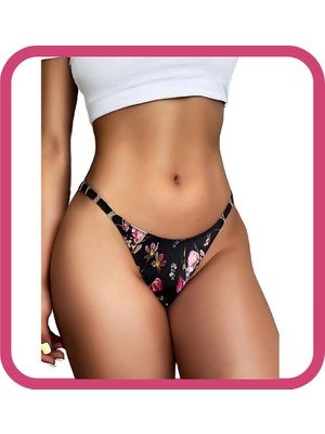 Zarvia Çiçek Desenli Kadın Tanga Külot Siyah Yan Askılı