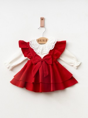 Bebeva Baby Kız Bebek %100 Pamuklu Fisto Dantel Yakalı Büyük Fiyonklu Kadife Görünümlü Urzalo Özel Gün Elbisesi - Kırmızı