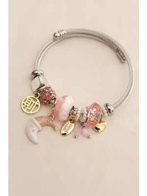 Normadia Şık Ay Figürlü Çelik Charm Bileklik, Stil ve Zarafet Için Harika Bir Seçim