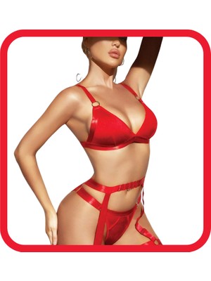 Zarvia Kırmızı Jartiyerli Bacak Aksesuarlı Saten Fantezi Iç Giyim